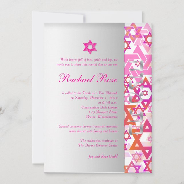 Invitación PixDezines mod estrellas/Bar Mitzvah/rosa intenso/ (Anverso)