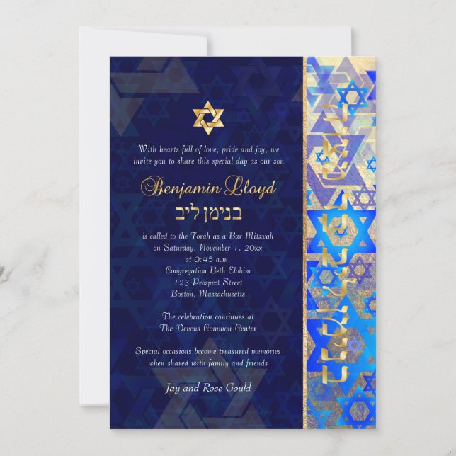 Invitación PixDezines mod stars Bar Mitzvah Dark Blue Gold In (Anverso)
