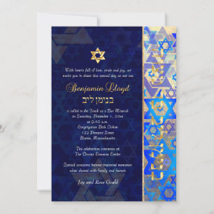 Invitación PixDezines mod stars Bar Mitzvah Dark Blue Gold In
