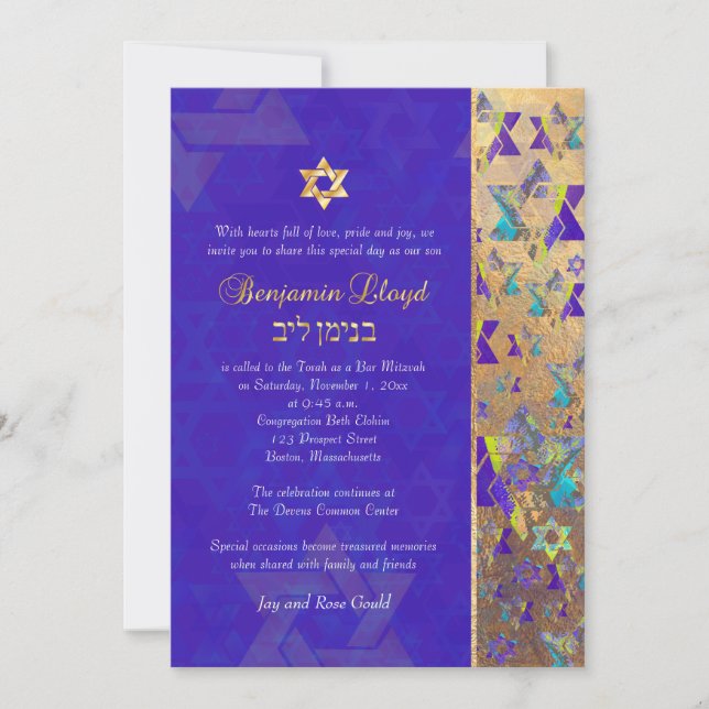 Invitación PixDezines mod stars Bar Mitzvah Purple Gold (Anverso)