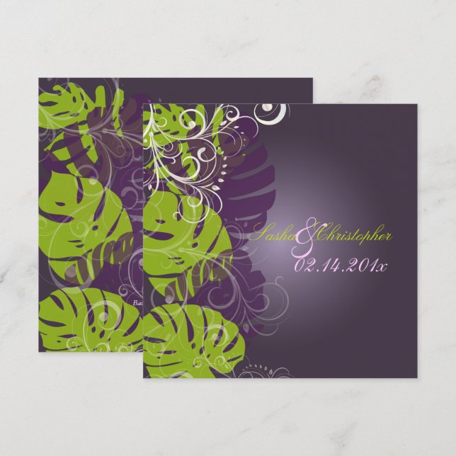 Invitación PixDezines MONSTERA+SWIRLS PÚRPURA+VERDE (Anverso / Reverso)