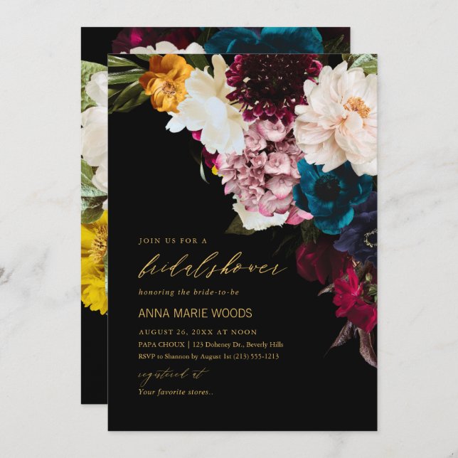 Invitación PixDezines Moody Flores Oscuras Ducha Bridal (Anverso / Reverso)