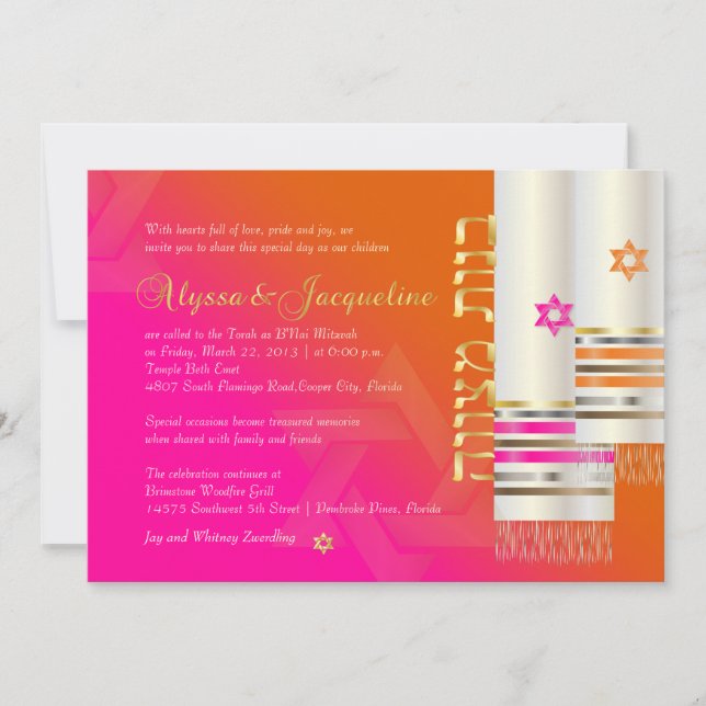 Invitación PixDezines Naranja/Tallits rosados B'not mitzvah c (Anverso)