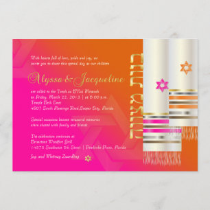 Invitación PixDezines Naranja/Tallits rosados B'not mitzvah c