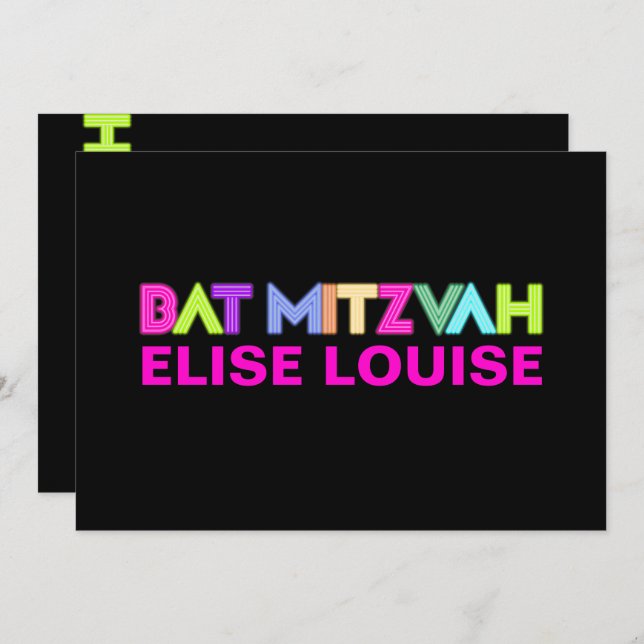 Invitación PixDezines Neon Lights Bat Mitzvah (Anverso / Reverso)
