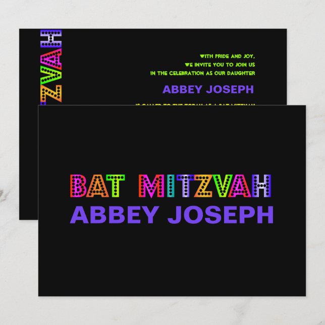 Invitación PixDezines Neon Lights Bat Mitzvah (Anverso / Reverso)