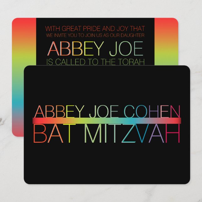 Invitación PixDezines neones/tipografía/bar mitzvah (Anverso / Reverso)
