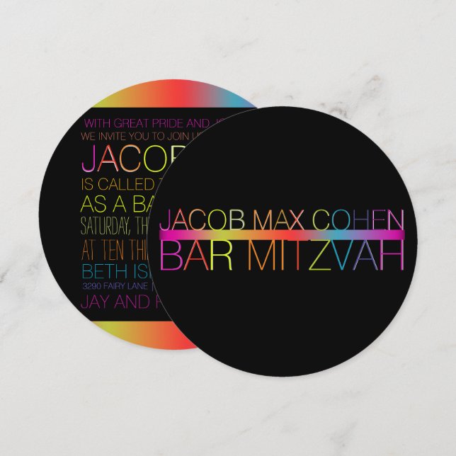 Invitación PixDezines neones/tipografía/bar mitzvah (Anverso / Reverso)