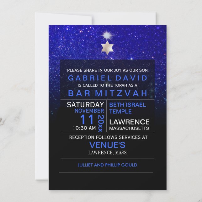 Invitación PixDezines Nocturno Cielo/Azul/tipografía/bar mitz (Reverso)