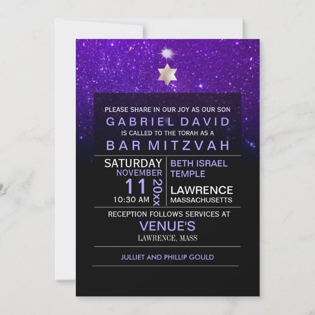 Invitación PixDezines Nocturno Sky/Purple/typography/bar mitz (Reverso)
