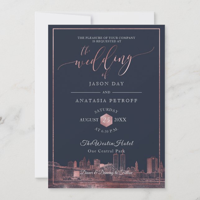 Invitación PixDezines NYC Skyline/Faux Rosa de la Marina de O (Reverso)