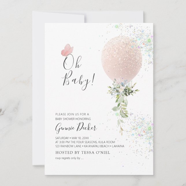 Invitación PixDezines Oh Baby Rubor Balloon Baby Shower (Anverso)