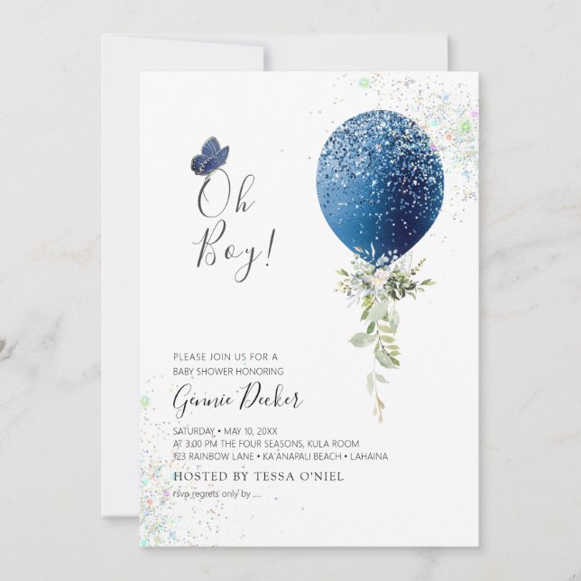 Invitación PixDezines Oh Boy Blue Balloon Baby Shower (Anverso)