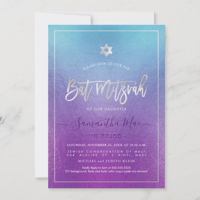 Invitación PixDezines Ombre Deep Blue Sea Bat Mitzvah (Anverso)