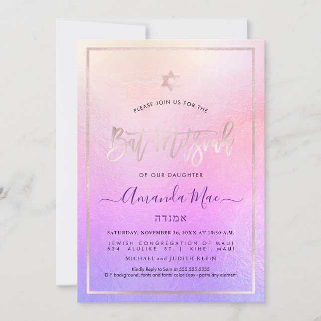 Invitación PixDezines Ombre Rubor Pink+Violet Bat Mitzvah (Anverso)