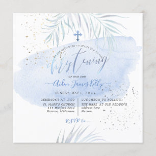 Invitación PixDezines Palmas Acuarela Azules Bautizo