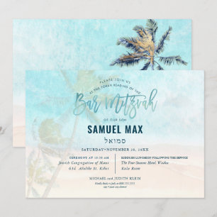 Invitación PixDezines, palmeras, playa ba mitzvah