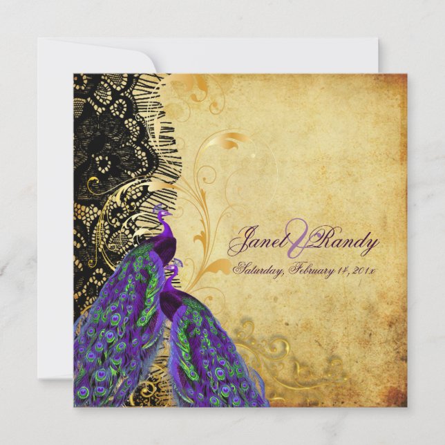 Invitación PixDezines pavo real + encaje + remolinos de filig (Anverso)
