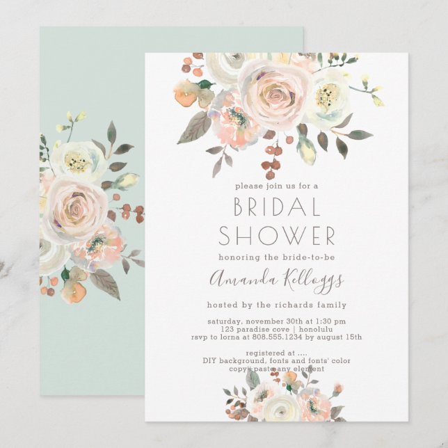 Invitación PixDezines Peaches+Cream Bridal Shower Watercolor (Anverso / Reverso)