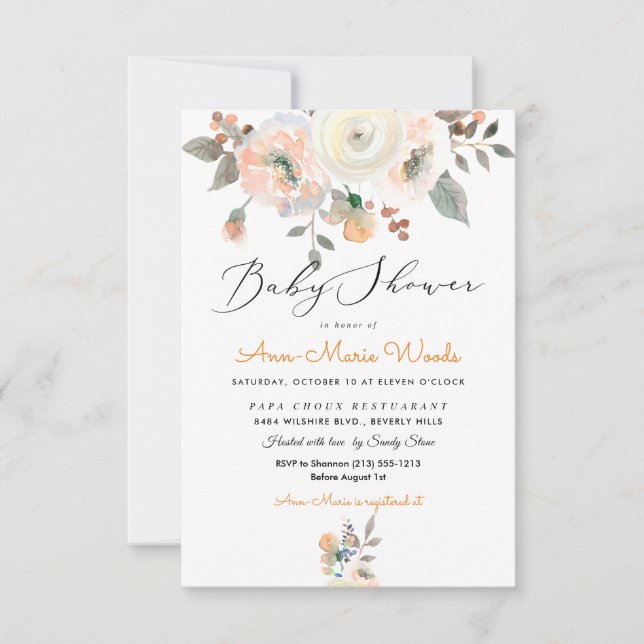 Invitación PixDezines Peaches+Cream Watercolor Baby Shower (Anverso)