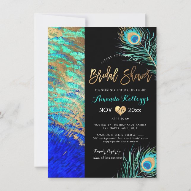 Invitación PixDezines Peacock Bridal Shower+Faux Gold (Anverso)