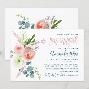 Invitación PixDezines Peonías Rosadas Acuarela Bat Mitzvah
