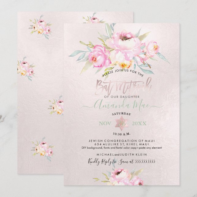 Invitación PixDezines Peonías Rosadas Bat Mitzvah Acuarela (Anverso / Reverso)