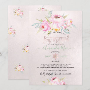 Invitación PixDezines Peonías Rosadas Bat Mitzvah Acuarela