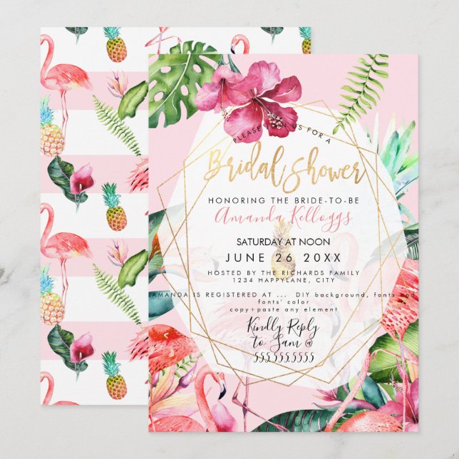 Invitación PixDezines Pink Flamigos Bridal Shower+Hibiscus (Anverso / Reverso)