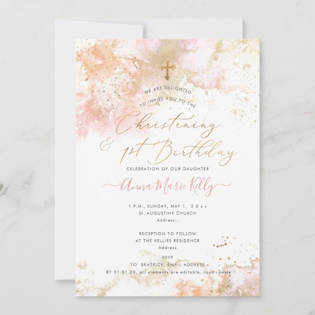 Invitación PixDezines Pink H2 Christening+1er Cumpleaños Invi (Anverso)