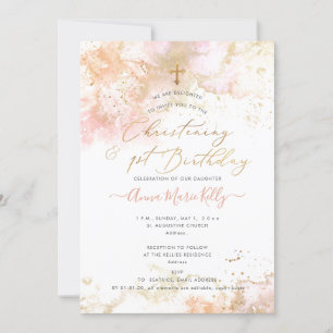 Invitación PixDezines Pink H2 Christening+1er Cumpleaños Invi