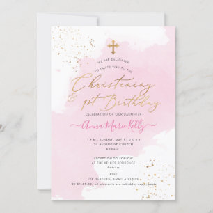 Invitación PixDezines Pink H2 Christening+1st Birthday