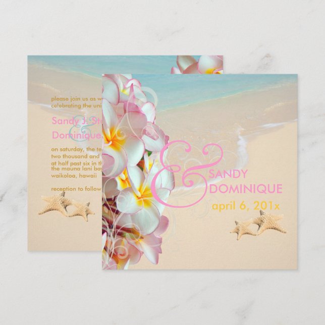 Invitación PixDezines Pink Plumeria+Playa/Swirls/Tropical (Anverso / Reverso)