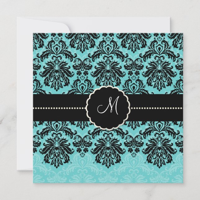 Invitación PixDezines Piqué, Damask / Black+Aqua Blue Velvet (Anverso)