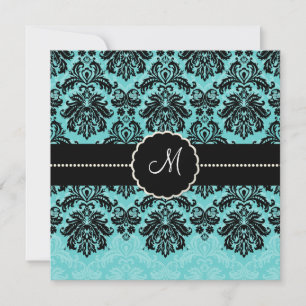 Invitación PixDezines Piqué, Damask / Black+Aqua Blue Velvet