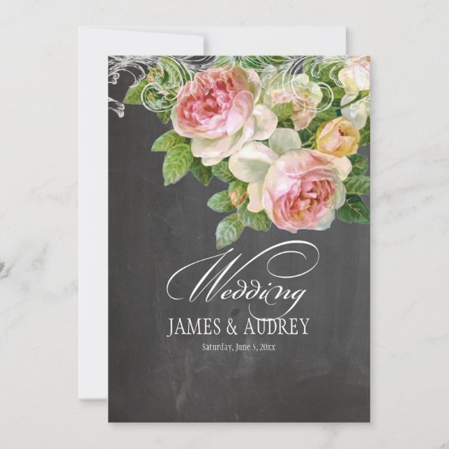 Invitación PixDezines pizarra/rococo/rosas rosas antiguas (Anverso)