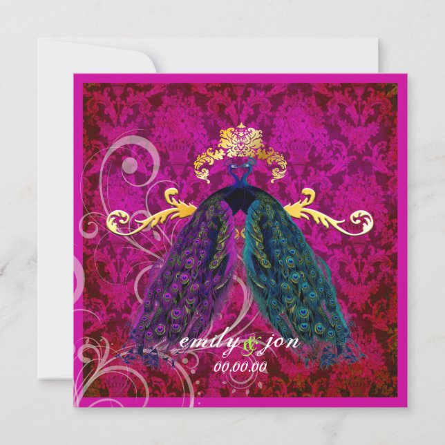 Invitación PixDezines pluma psicodélica de pavo real/rosa cal (Anverso)