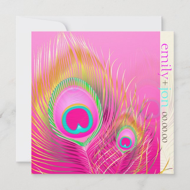 Invitación PixDezines pluma psicodélica de pavo real/rosa cal (Anverso)
