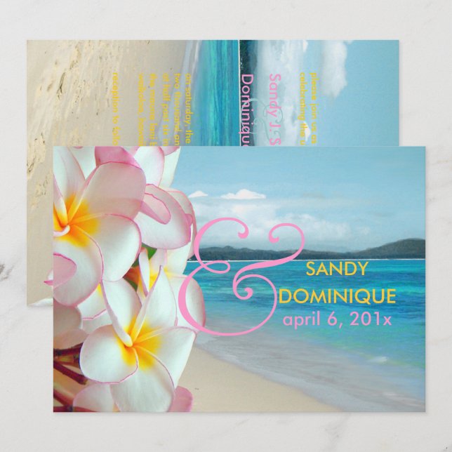 Invitación PixDezines Plumeria rosa/playa/boda tropical (Anverso / Reverso)