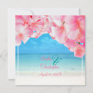 Invitación PixDezines plumeria rosa+playa/paraíso tropical