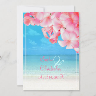 Invitación PixDezines plumeria rosa+playa/paraíso tropical