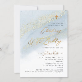 Invitación PixDezines Polvo Azul Dorado Bautizo 1er Cumpleaño