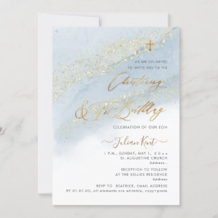 Invitación PixDezines Polvo Azul Dorado Bautizo 1er Cumpleaño