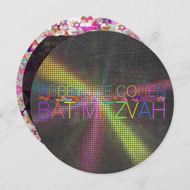 Invitación PixDezines psychedelic stars/neon/bat mitzvah (Anverso / Reverso)