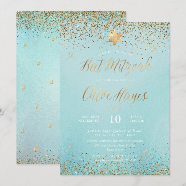 Invitación PixDezines Purpurina ligero azul dorado Bat Mitzva (Anverso / Reverso)