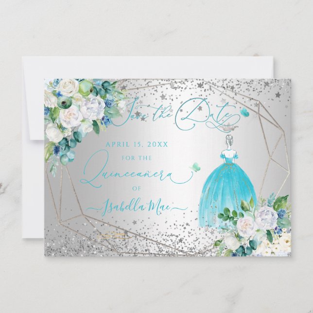 Invitación PixDezines Quinceanera Aqua Blue Dress Save Date (Anverso)
