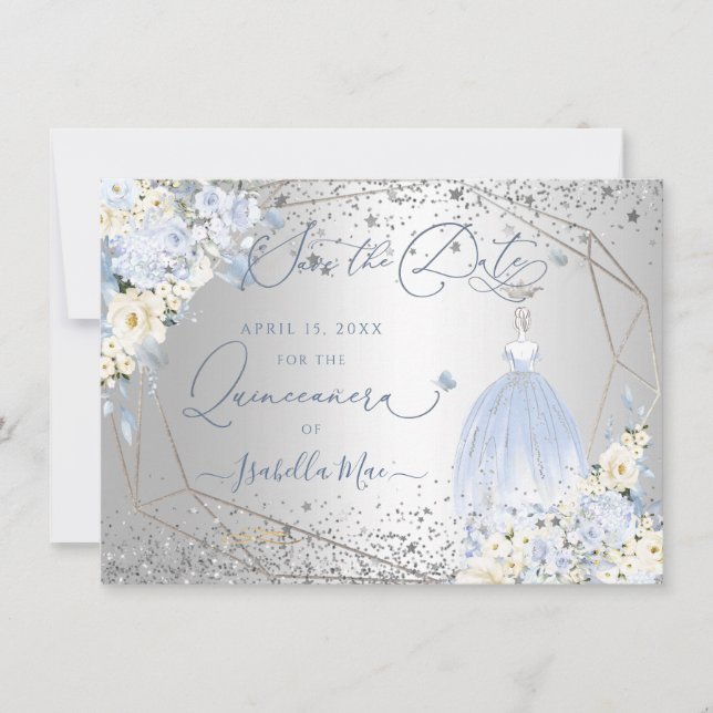 Invitación PixDezines Quinceanera Dusty Blue Dress Save Date (Anverso)