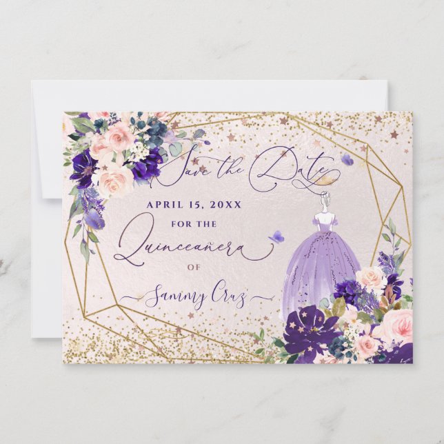 Invitación PixDezines Quinceanera Dusty Purple Vestido (Anverso)