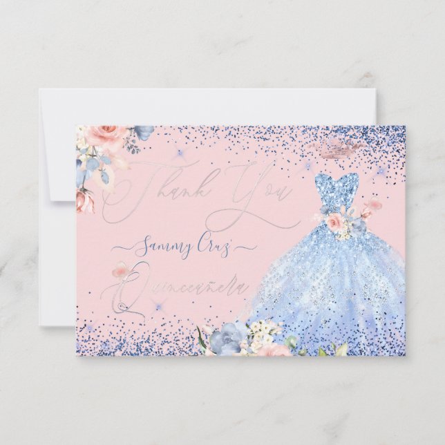 Invitación PixDezines Quinceanera Gracias Dusty Blue Gown (Anverso)