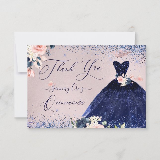 Invitación PixDezines Quinceanera Gracias Navy Blue Gown (Anverso)